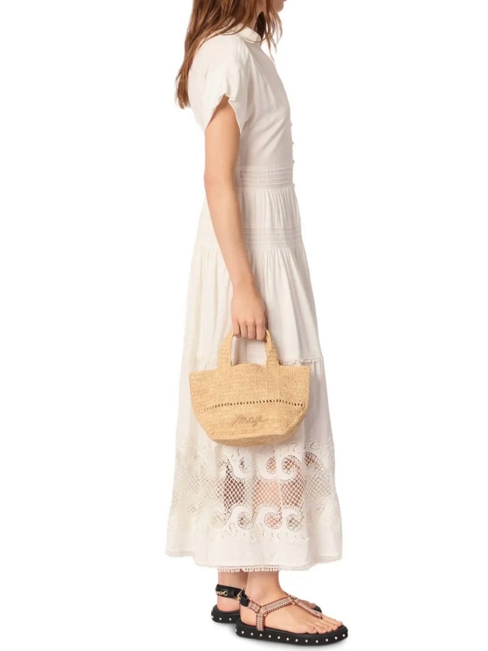 Maje Cream Button-Front Maxi Dress with Lace Design Size 38=US Size 6/8 - Picture 5 of 16